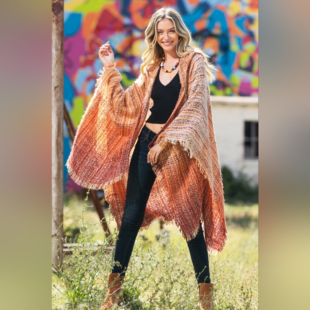 Autumn Sunrise Hooded Ruana - Bottom & Side Fringe - Multicolored Yarns - Picture 3 of 7